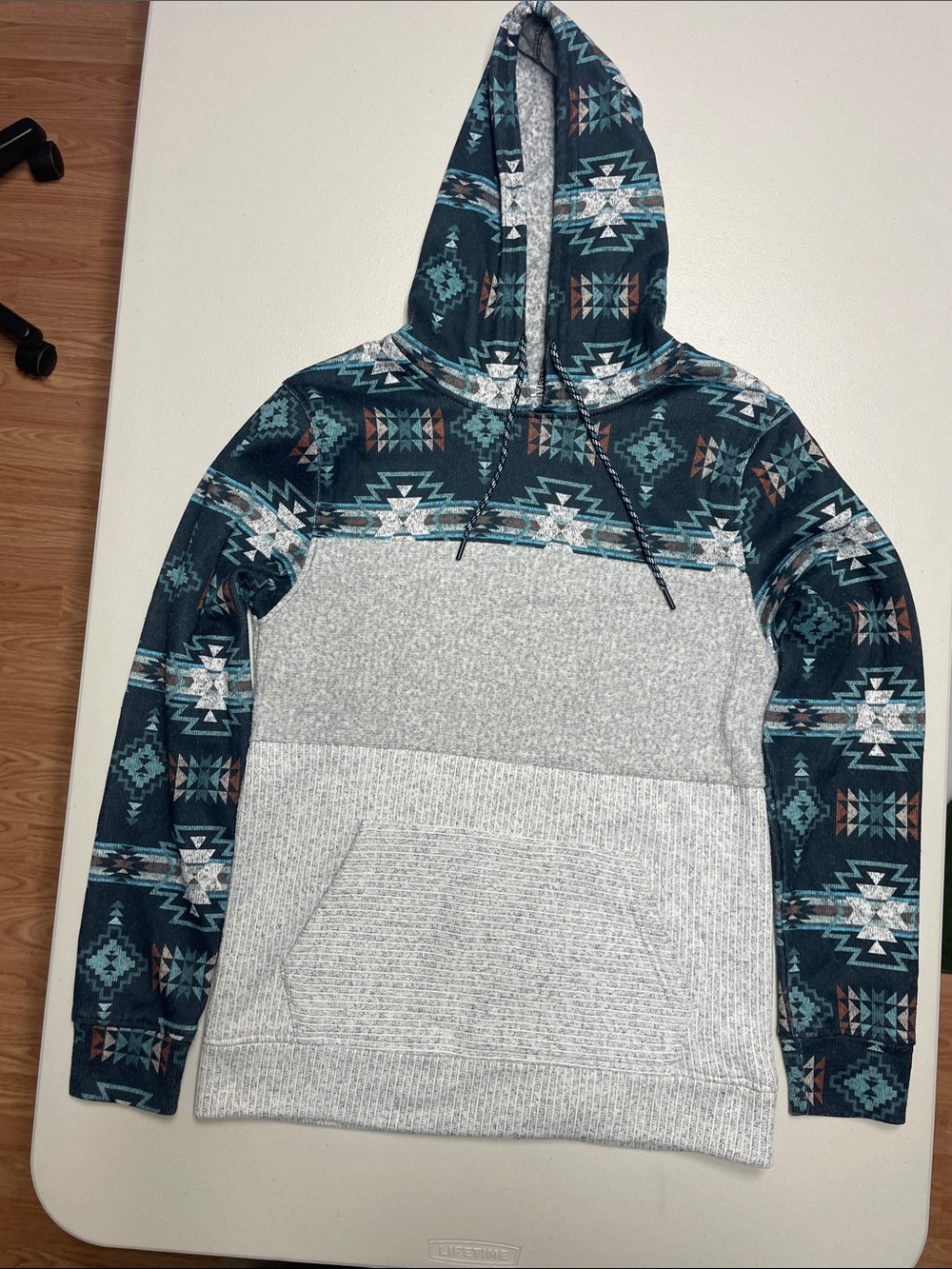 Depart west Men's navy blue with teal Patterned Pullover Hoodie - Aztec Print